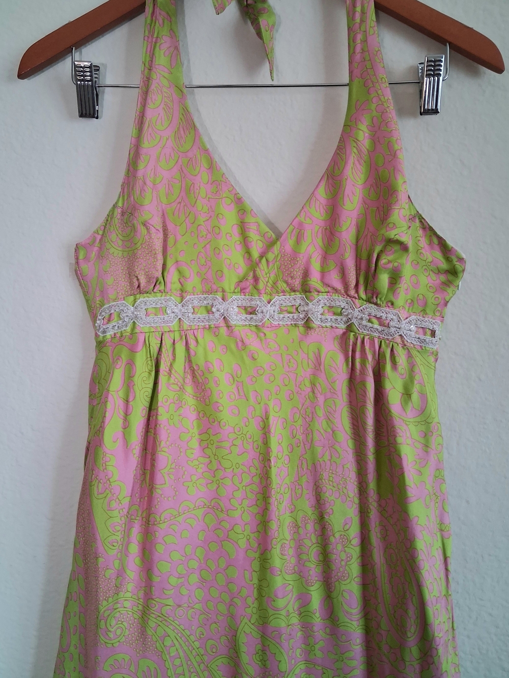 Skirtin Around Pink and Lime Paisley Halter Midi Dress